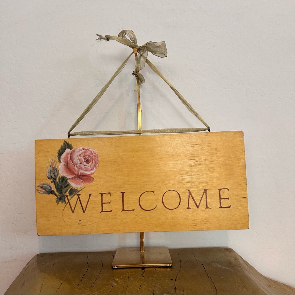19” x 9” Hand-painted wood plank Welcome Sign with Pink Rose